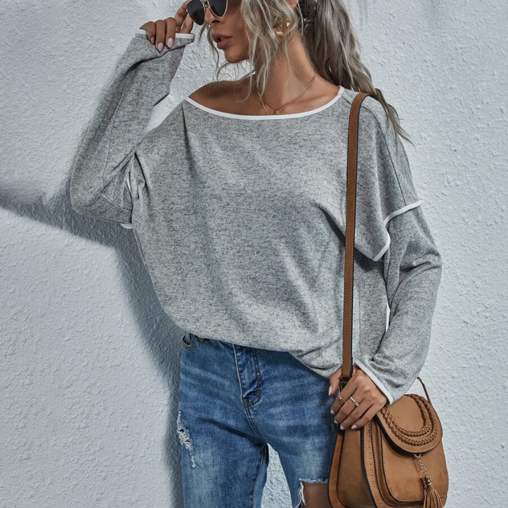 grey off shoulder loose fit long sleeve top - Picture 4 of 4